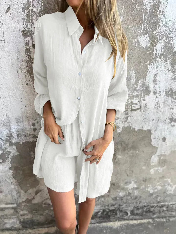Women'S Casual Solid Color Cotton And Linen Shorts Long Sleeve Wrinkled Shirt Two Piece Set