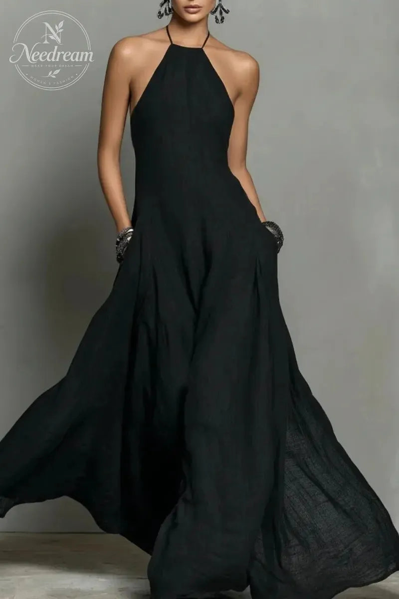 Women's Minimalist Linen Blend Halter Neck Sleeveless Maxi Dress