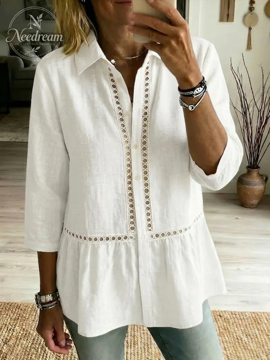 Women’s Casual Patchwork Openwork Webbing Linen And Cotton Shirt