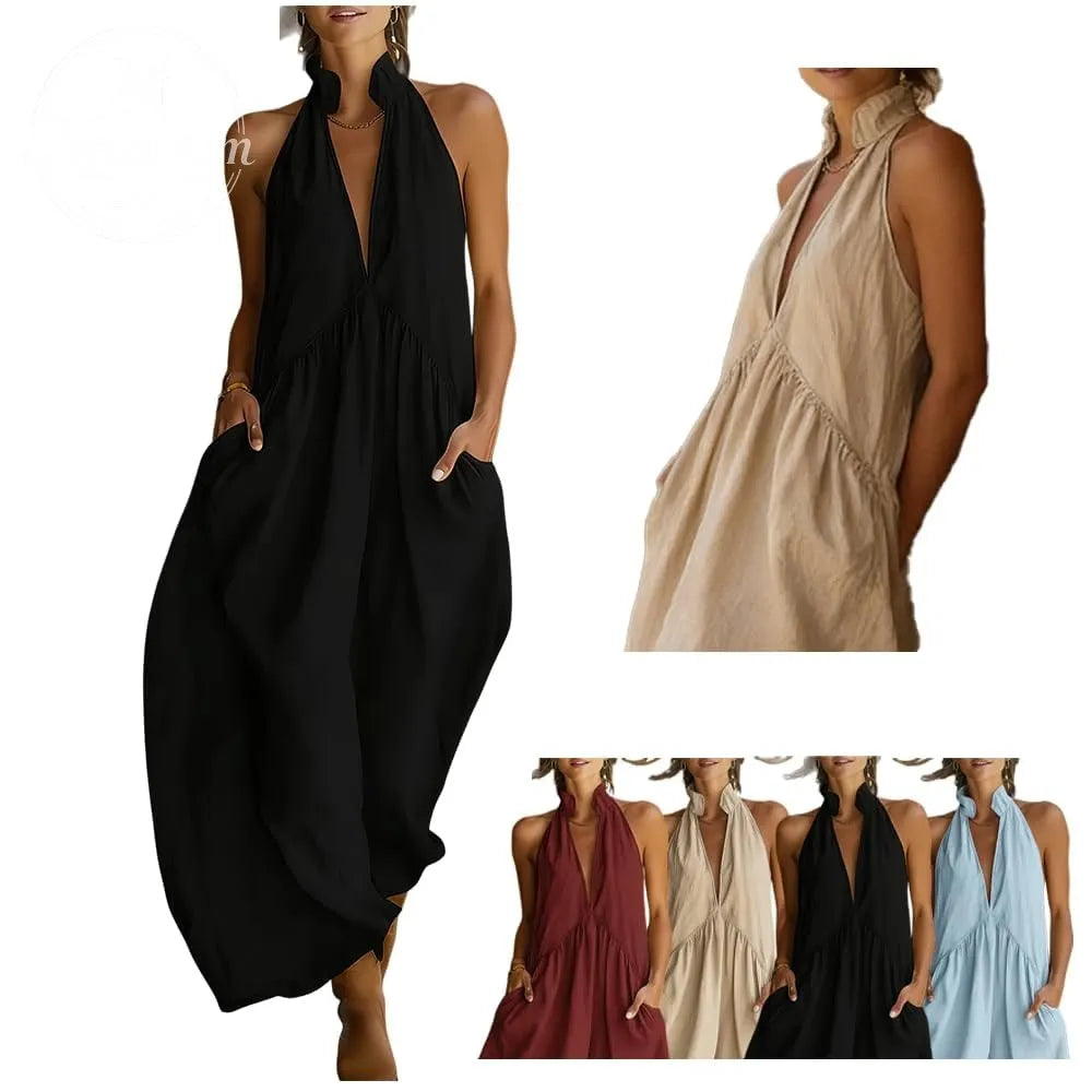 2026 Minimalist Halter Neck Maxi Dress | Casual Loose Fit Summer Dress with Pockets for Women