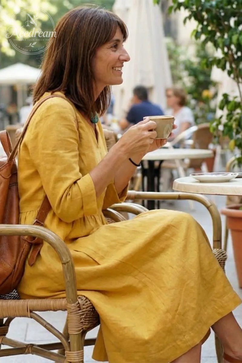V-Neck Casual Dress, Three-Quarter Sleeves, With Pockets