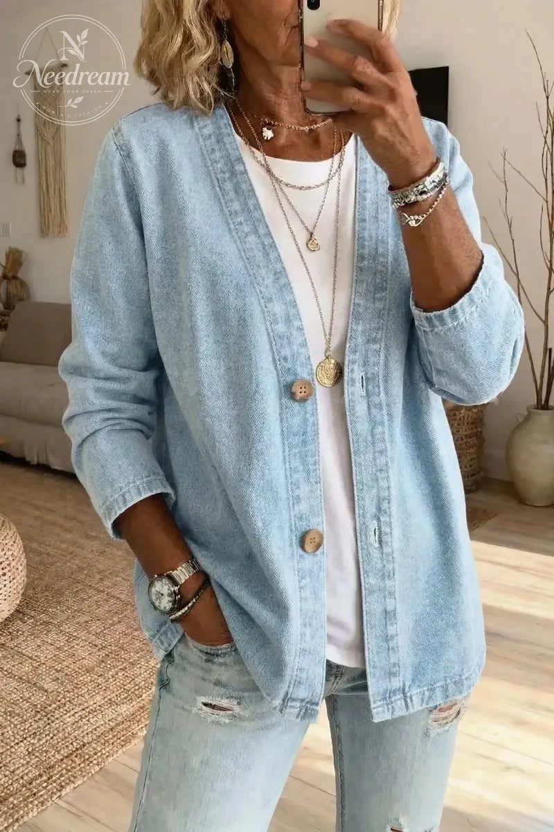 🧥 50% OFF NOW! ✨ Women's Classic Button Front Denim Jacket – V-Neck, Breathable Fabric & Relaxed Fit 💙