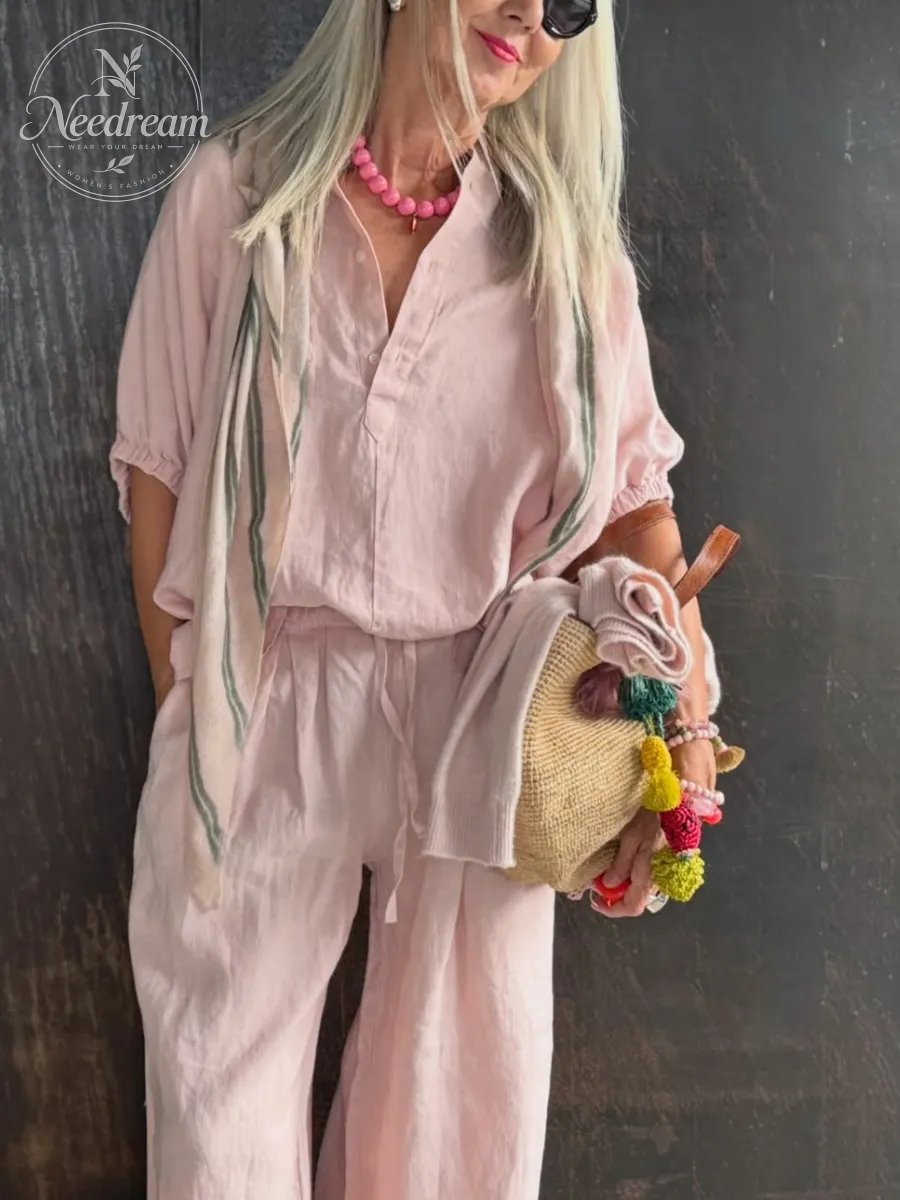 Women'S Loose-Fitting Pink Linen Set
