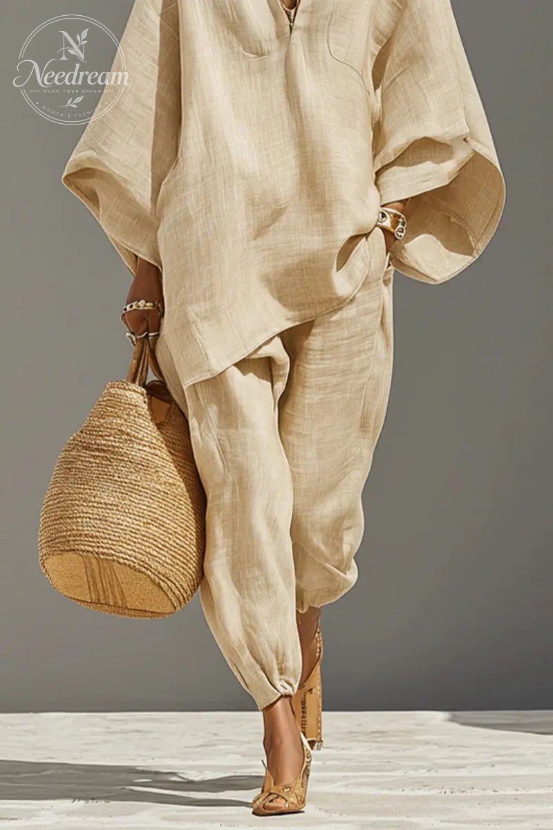 Women's Neutral Linen Set With Asymmetric Hem & Minimalist Design, Sophisticated Daily-Casual Style Set