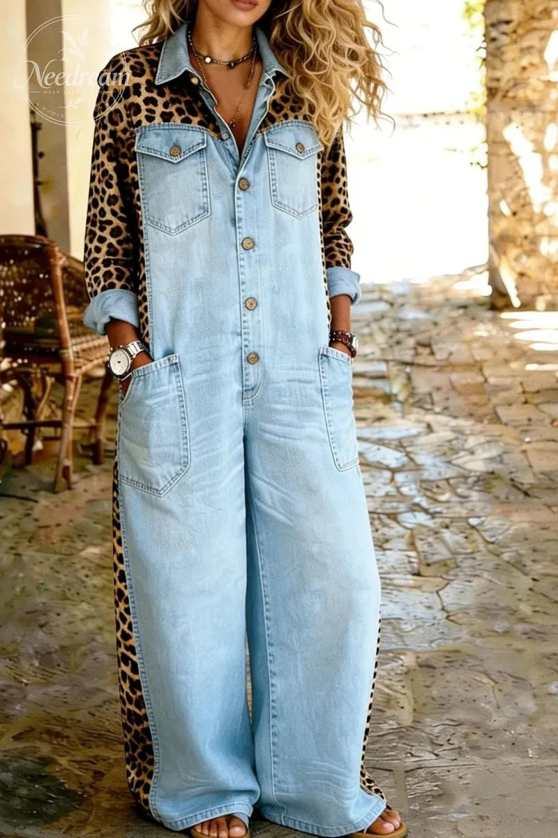 Women's Casual Long-Sleeved Pocket Leopard Print Denim Jumpsuit