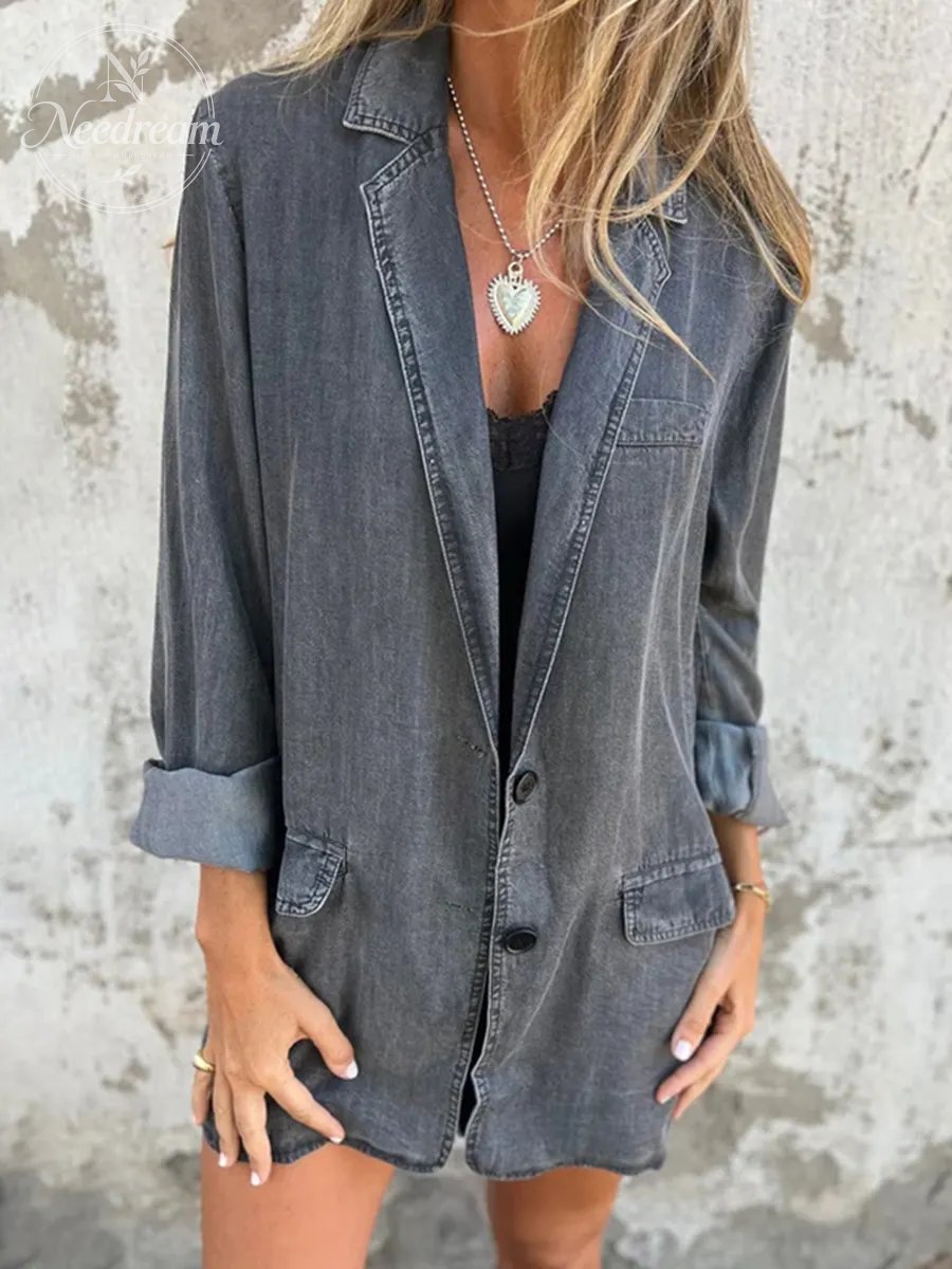 Women's Denim Cardigan Blazer Coat Notched Lapel Collar Casual Button Down Jacket with Pockets