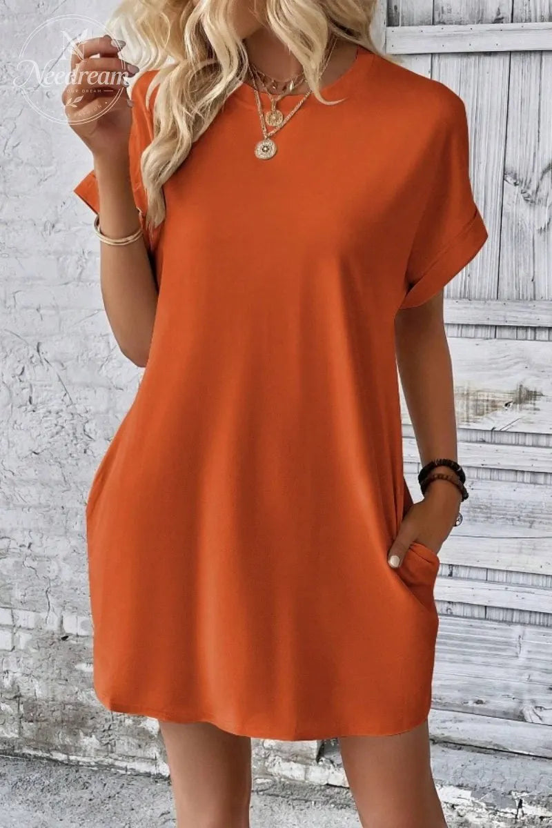 Casual Minimalist Round Neck Roll Up Sleeve Dress