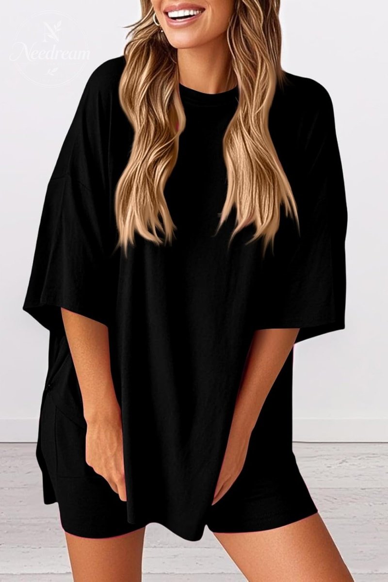 Women 2 Piece Outfits Crew Neck Oversized Tshirts and Biker Shorts with Pocket Matching Lounge Sets