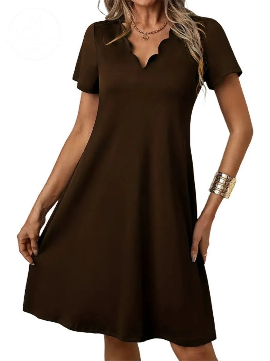 Women's Scalloped V-Neck High Waist Solid Color Dress