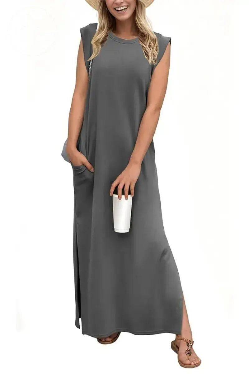 Women Summer Round Neck Casual Loose Split Wrinkle-Free Long Maxi Vacation Dress with Pockets