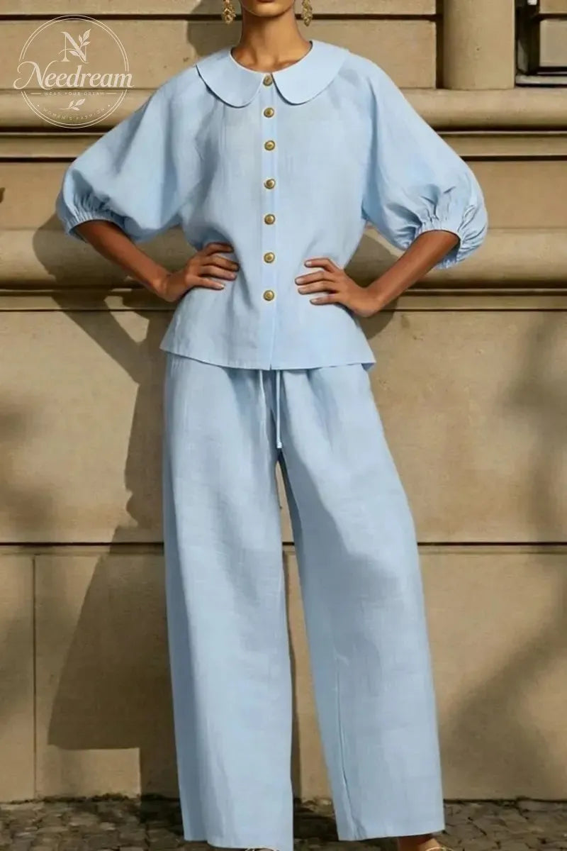 New Arrivals🔥Stylish Peter Pan Collar Shirt And Wide-leg Pant Linen Two-piece Set