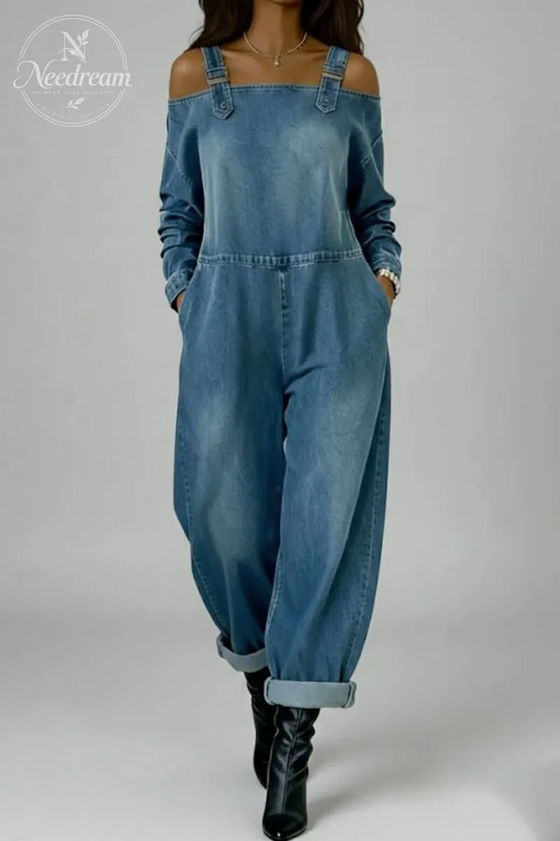 Women's Casual Off Shoulder Long Sleeve Slant Pocket Wide Leg Loose Jumpsuits