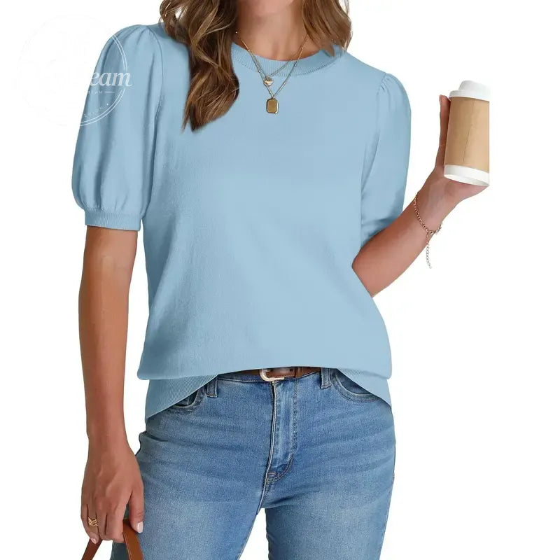 Women's Puff Short Sleeve  Lightweight Knit Top