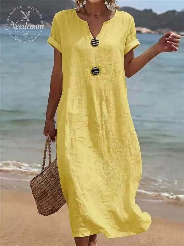 🌿 Summer Midi Dress with V-Neck & Decorative Buttons – Light Linen Material, Short Flared Sleeves