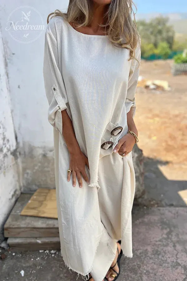 Women's Linen Blend Ring Detail Midi Blouse and Elastic Waist Pocketed Loose Pants Set
