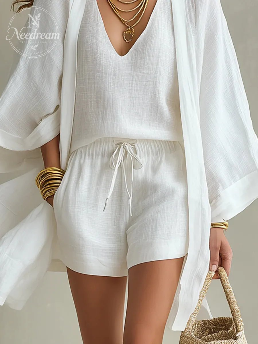 Loose Cardigan And Drawstring Shorts Three-piece Set
