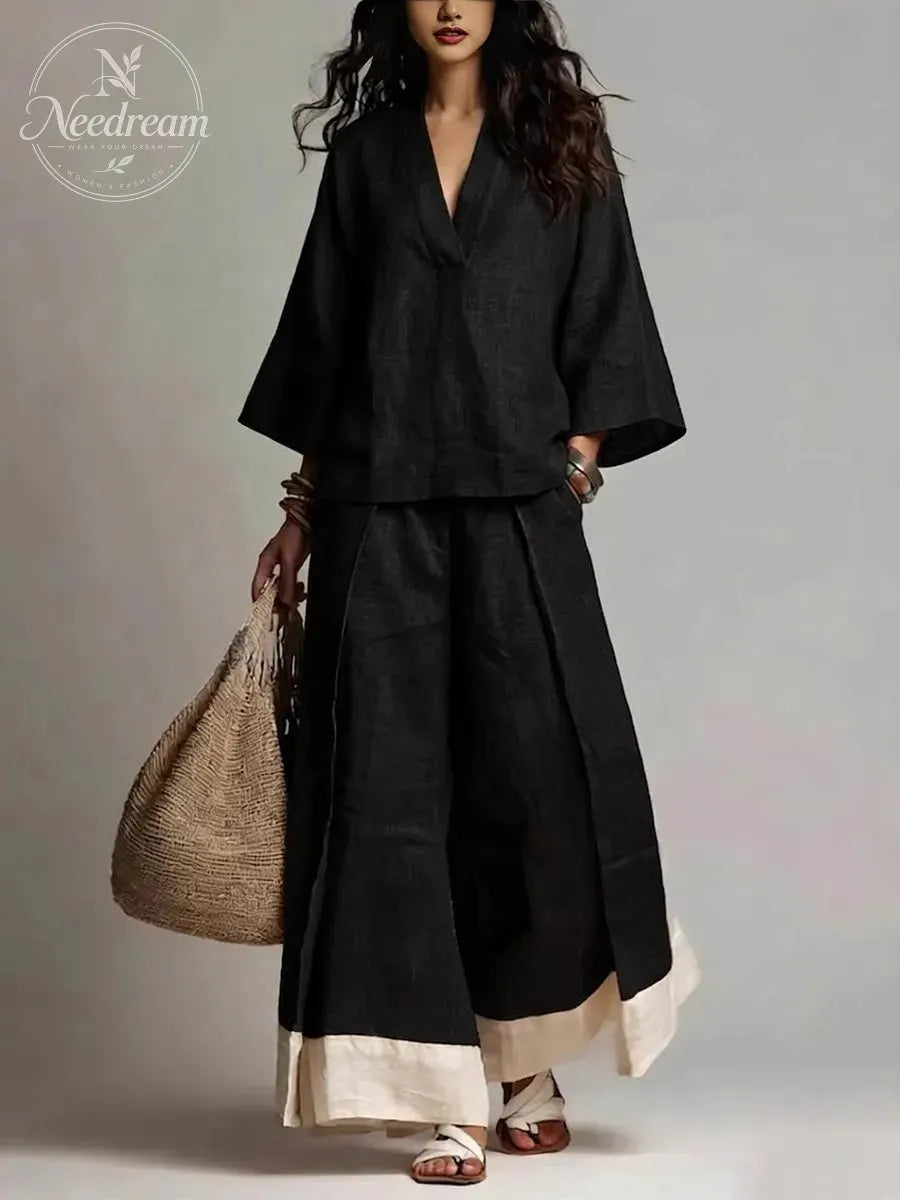 Loose Plus Size Contrast Color Pleated Pockets V-Neck Two Pieces Set
