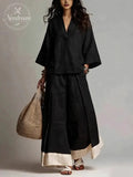 Loose Plus Size Contrast Color Pleated Pockets V-Neck Two Pieces Set