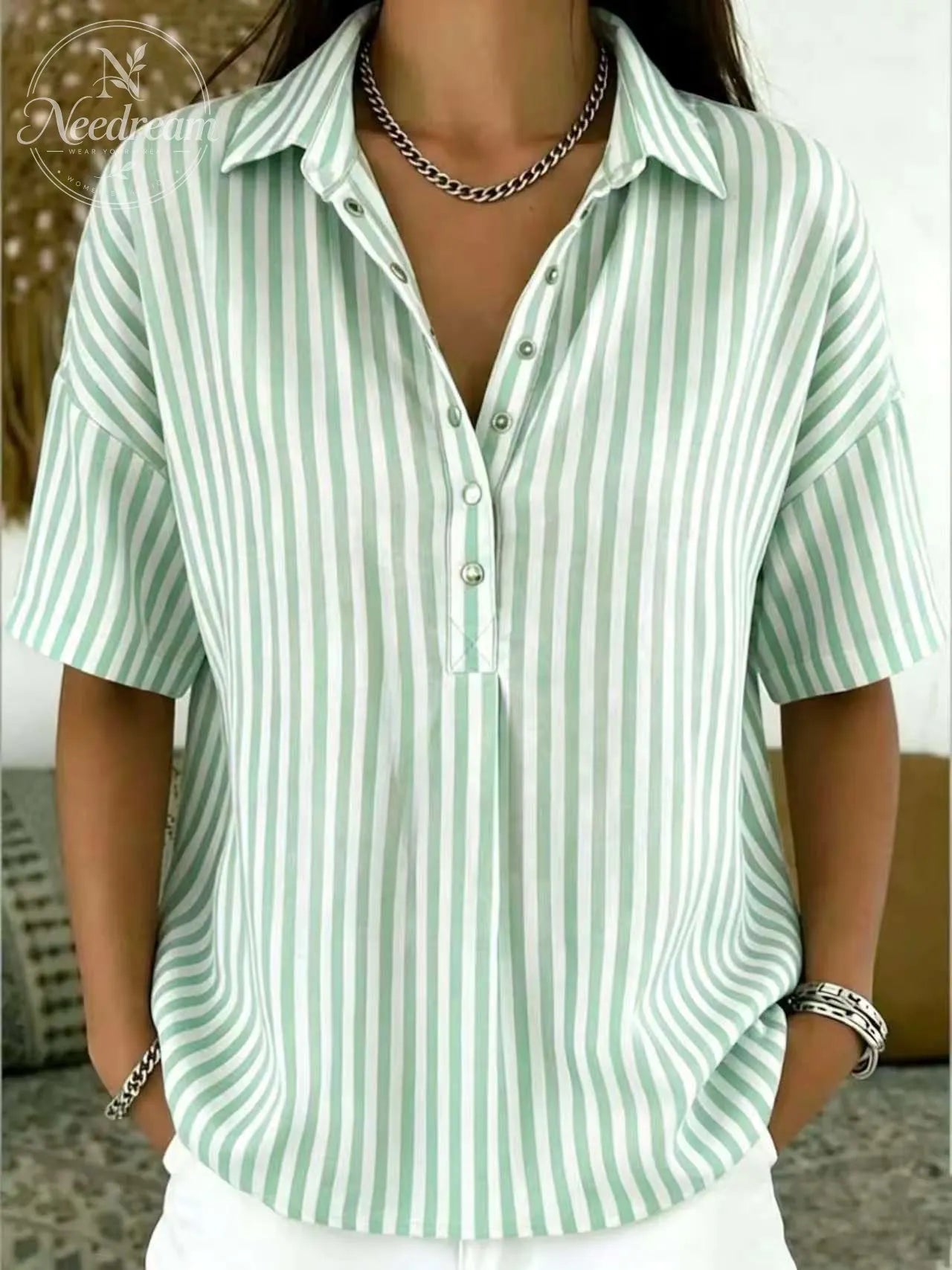 Women‘s Casual Striped Polo Collar Snap Buttons Cotton-linen Shirt