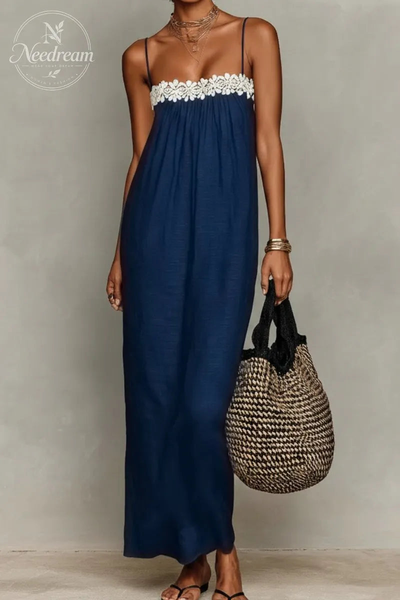 Women's Minimalist Linen-Blend Lace-Paneled Strapless With Spaghetti Straps Maxi Dress