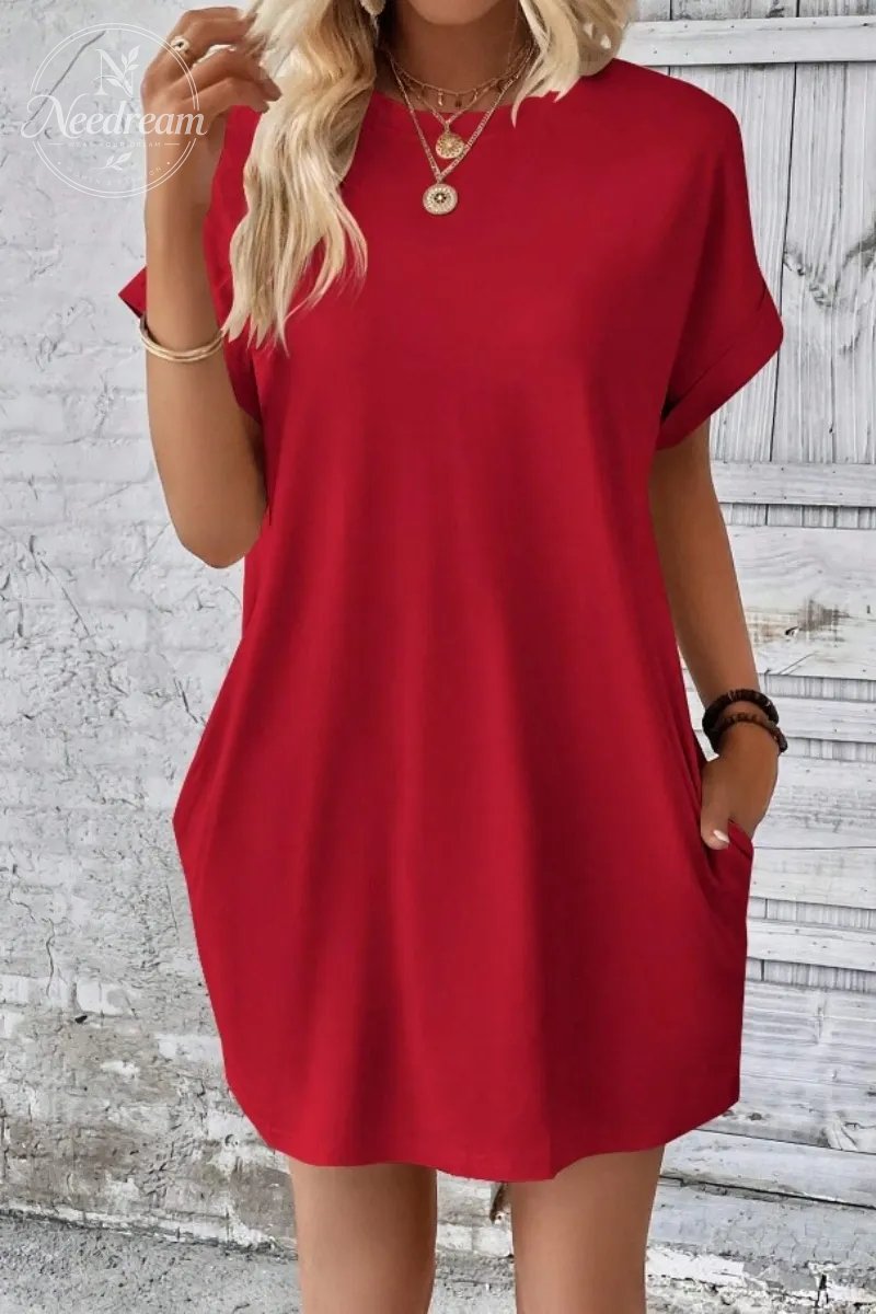 Casual Minimalist Round Neck Roll Up Sleeve Dress
