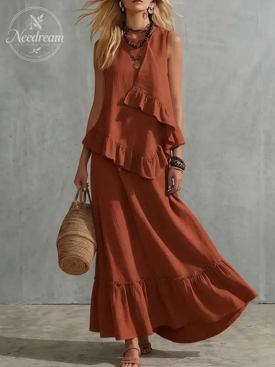 Women'S Sleeveless Round Neck Solid Color Cotton And Linen Dress