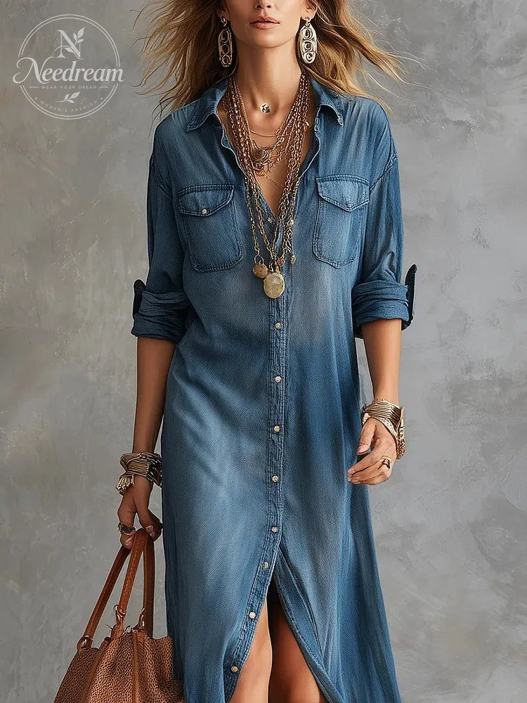 Vintage Washed Denim Shirt Maxi Dress