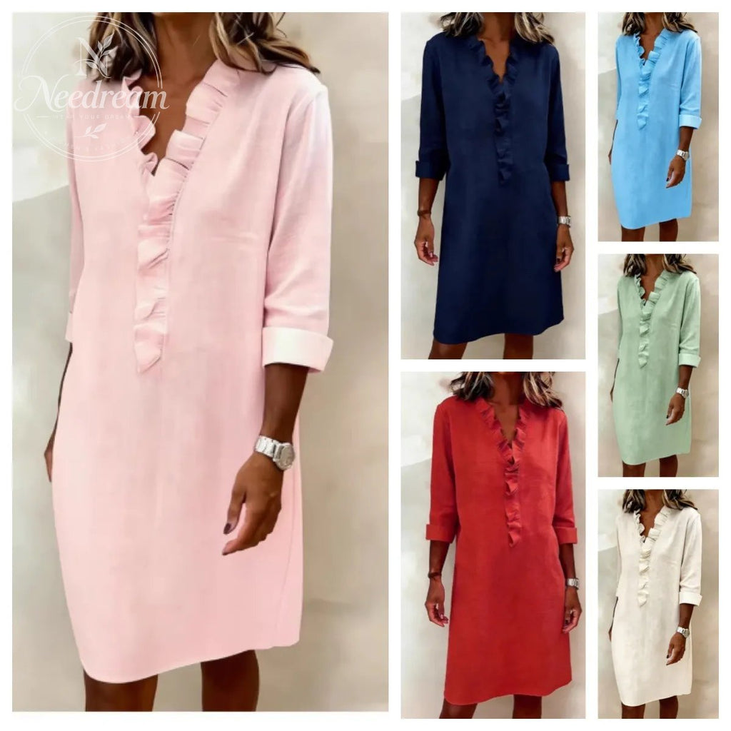 Ruffled V-Neck Solid Color Dress