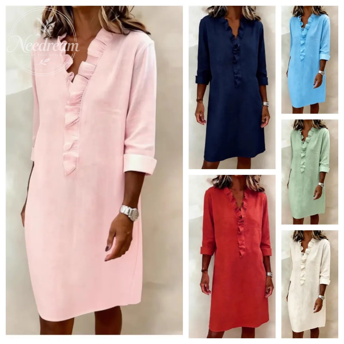 Ruffled V-Neck Solid Color Dress