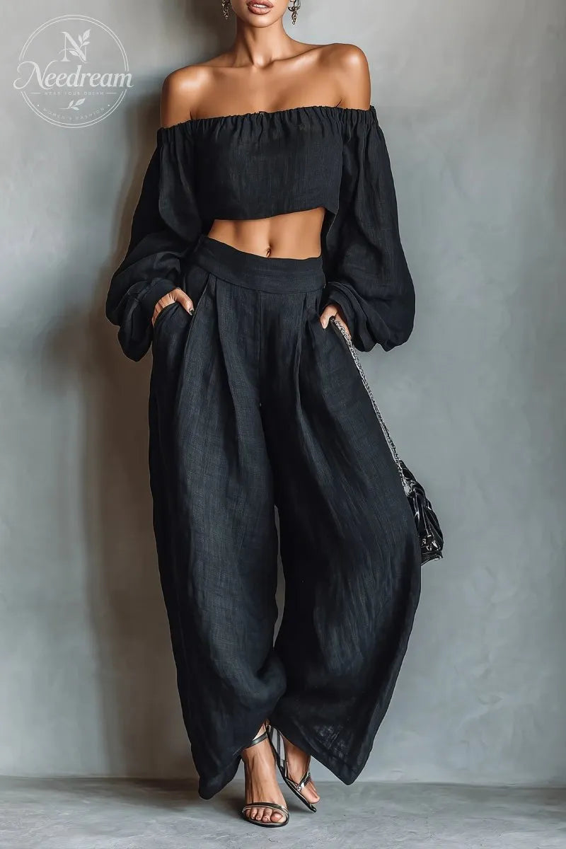 Women's Minimalist Linen Blend Strapless Long-sleeved Blouse And Wide-leg Pants Set