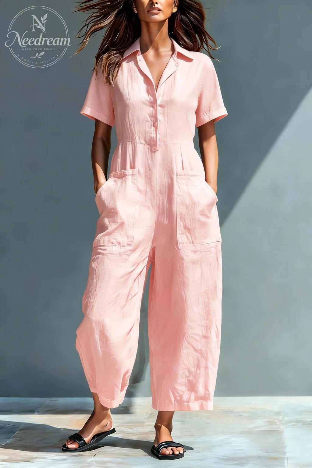 Women'S Minimalist Linen Blend Button-Down Collar Short-Sleeved Loose-Fitting Jumpsuit