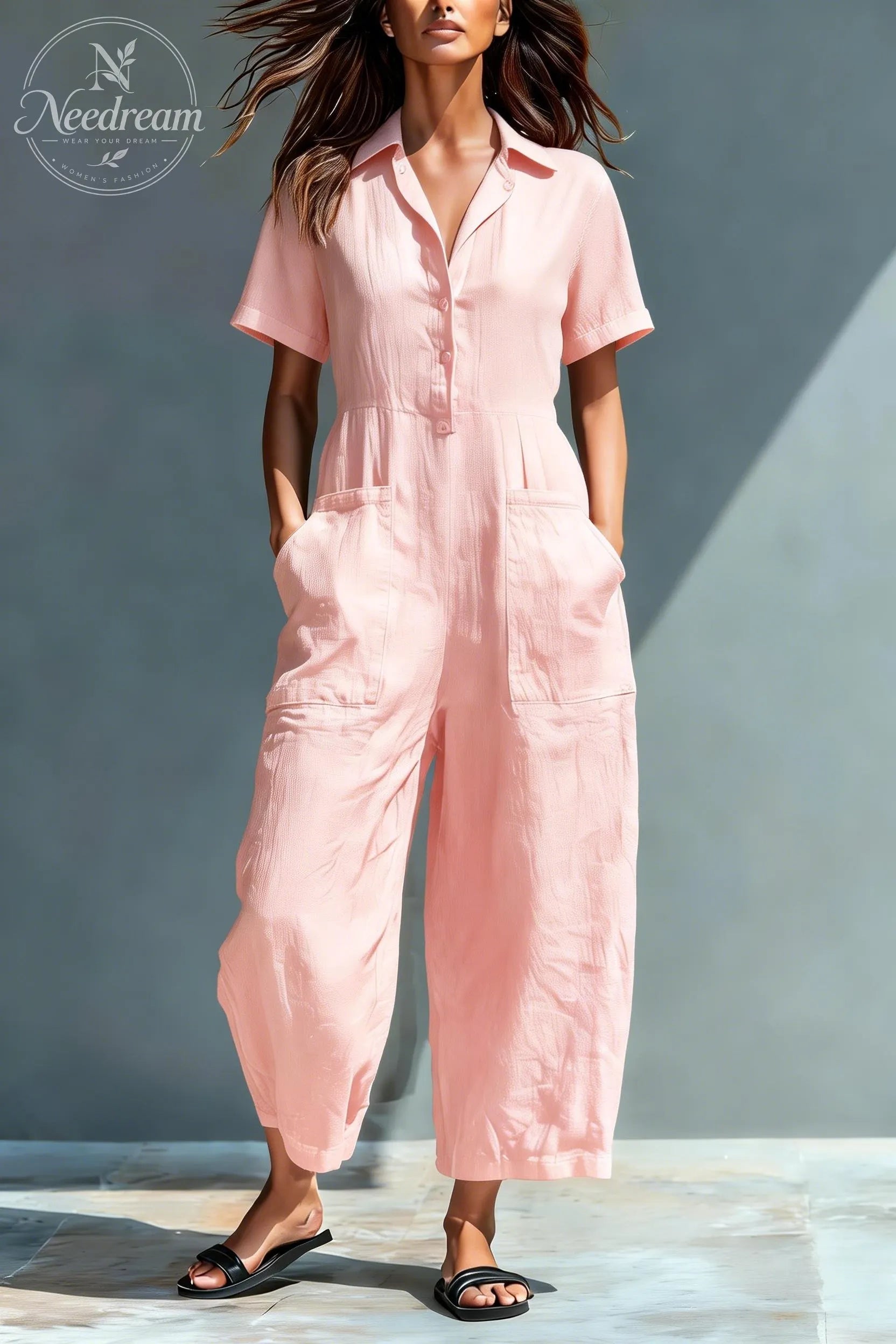 Women'S Minimalist Linen Blend Button-Down Collar Short-Sleeved Loose-Fitting Jumpsuit