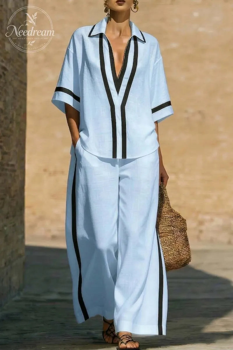 Casual Color-Blocked Short-Sleeved Shirt And Wide-Leg Pants Two-Piece Set