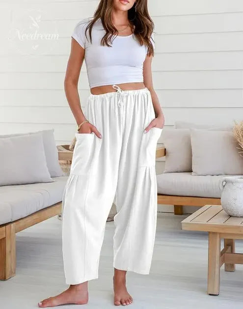Womens Linen Wide Leg Pants Casual Loose Beach Palazzo Harem Pants with Pockets Summer Outfit