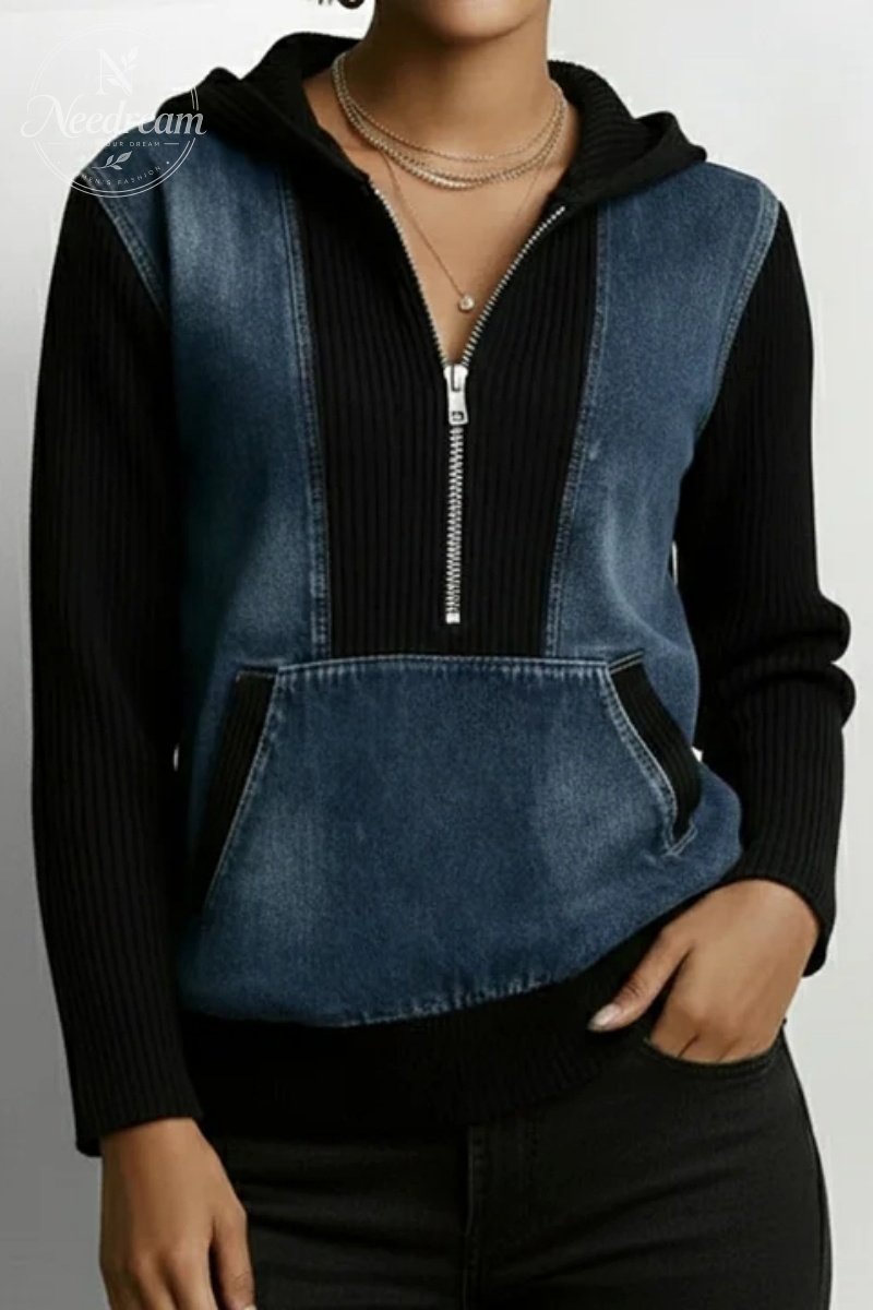 Women's Casual Two Tone Patchwork Half Zip Hooded Long Sleeve Blouse