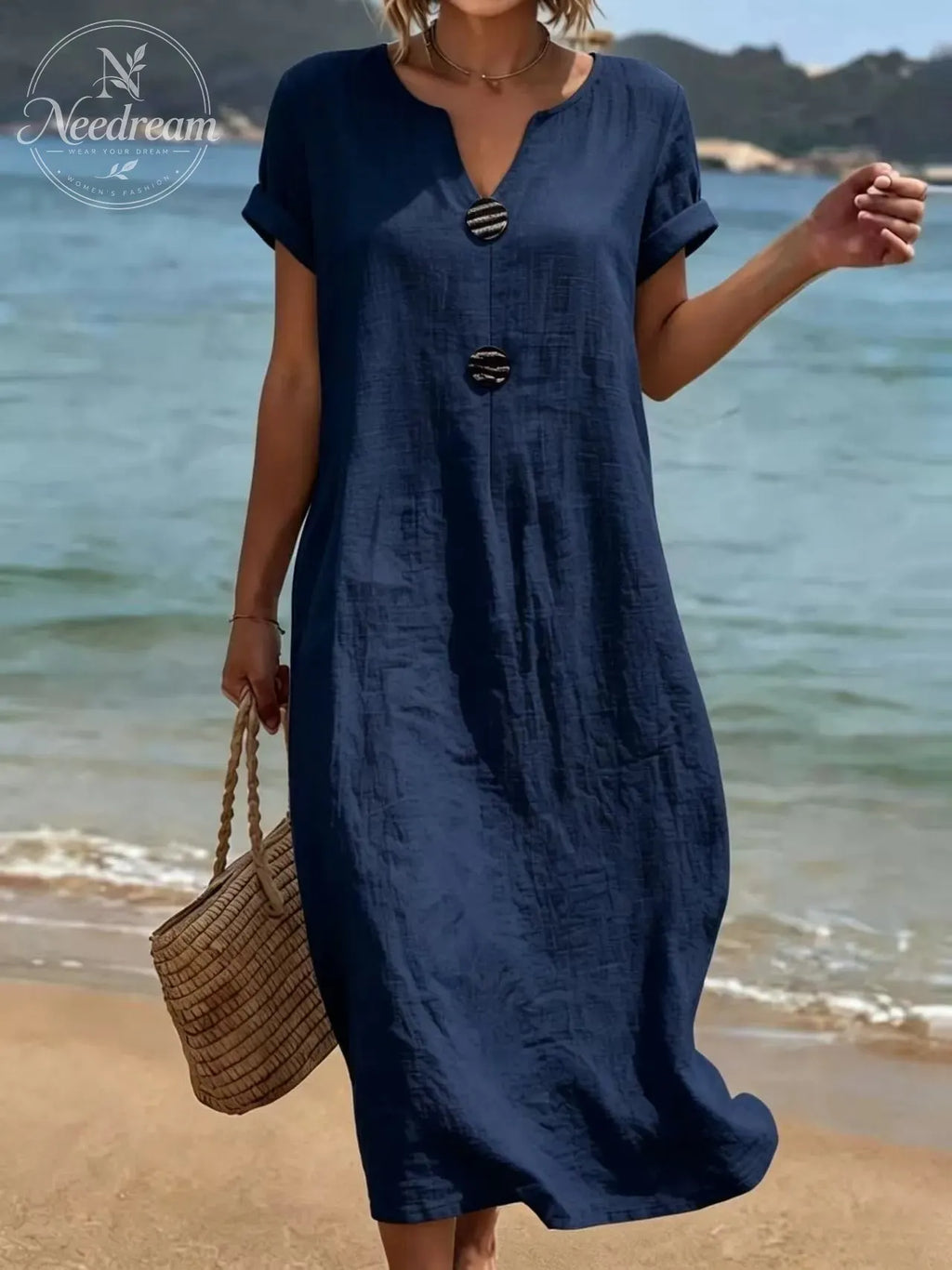 🌿 Summer Midi Dress with V-Neck & Decorative Buttons – Light Linen Material, Short Flared Sleeves