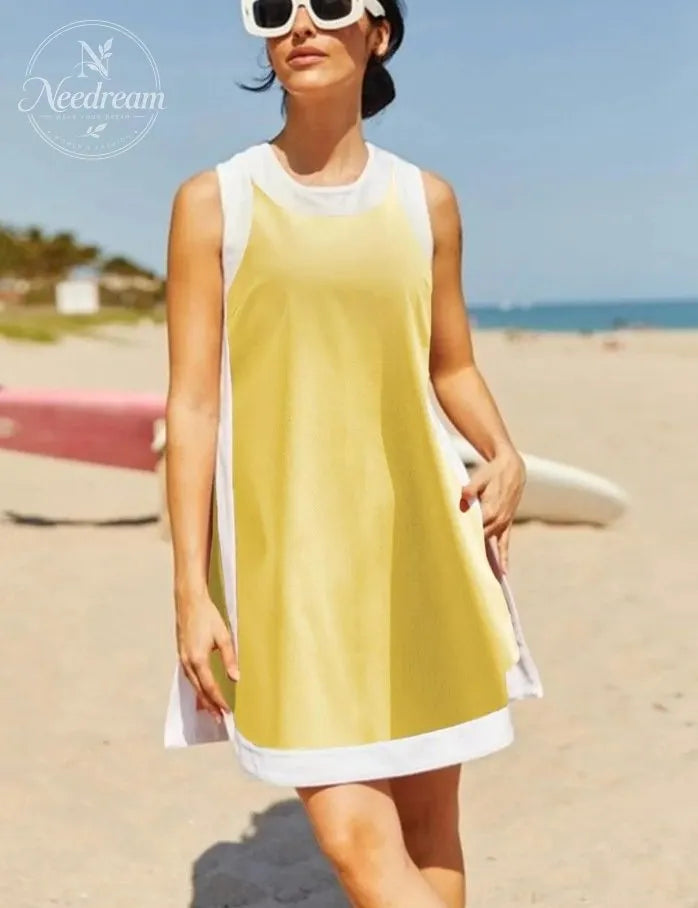 Women's Casual Two Piece Sets Color Block Crewneck Sleeveless Pullover Tops Matching Shorts With Pockets