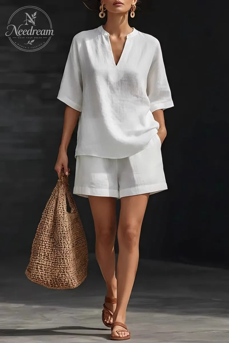 Minimalist Cozy V-neck Shirt And Shorts Linen Cotton Two-piece Set