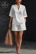 Minimalist Cozy V-neck Shirt And Shorts Linen Cotton Two-piece Set