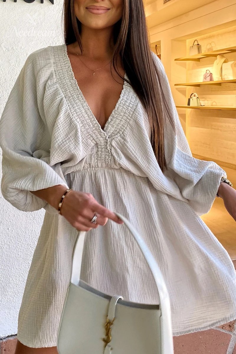 Cheesecloth Ruched Detail V-Neck Dress