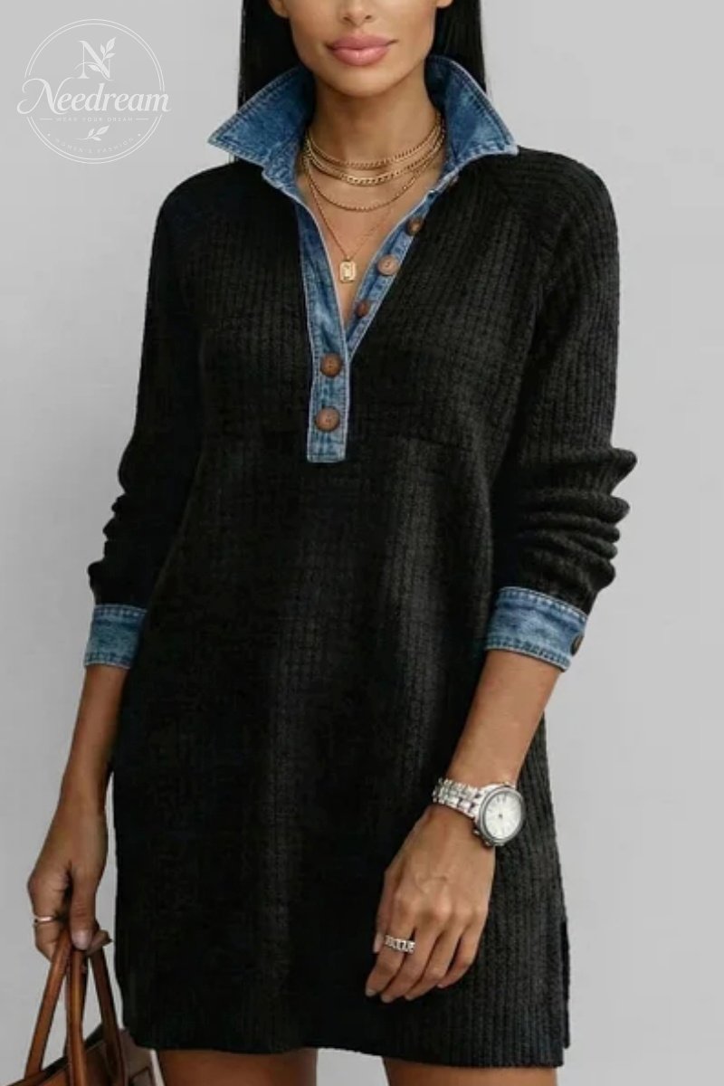 Women's Casual Knitted Patchwork Denim Shirt Collar Button Long Sleeve Mini Dress