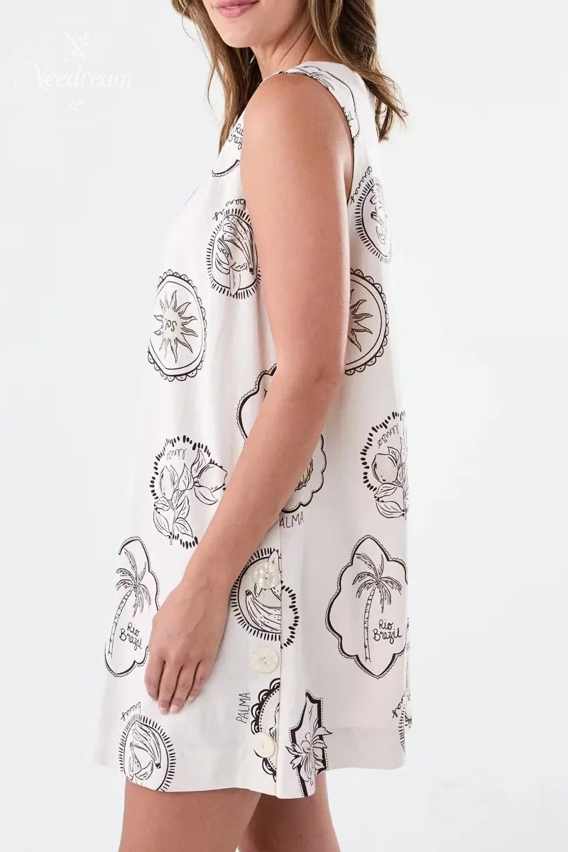 Sleeveless Linen BlendButton Detail Mini Dress