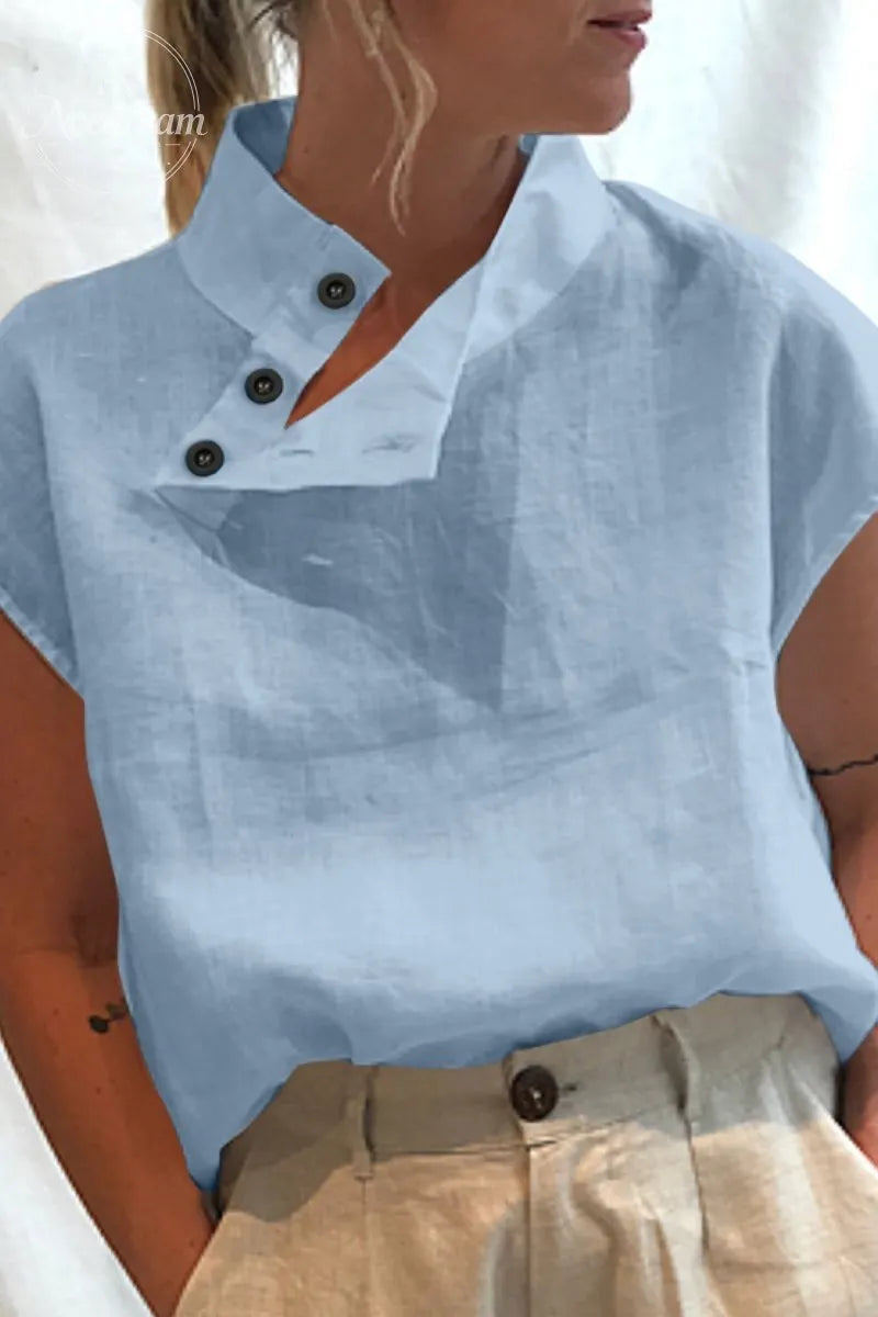 Womens Short Sleeve Breathable Turtleneck Blouse Casual Office Work Elegant Cotton Solid Shirt Tops