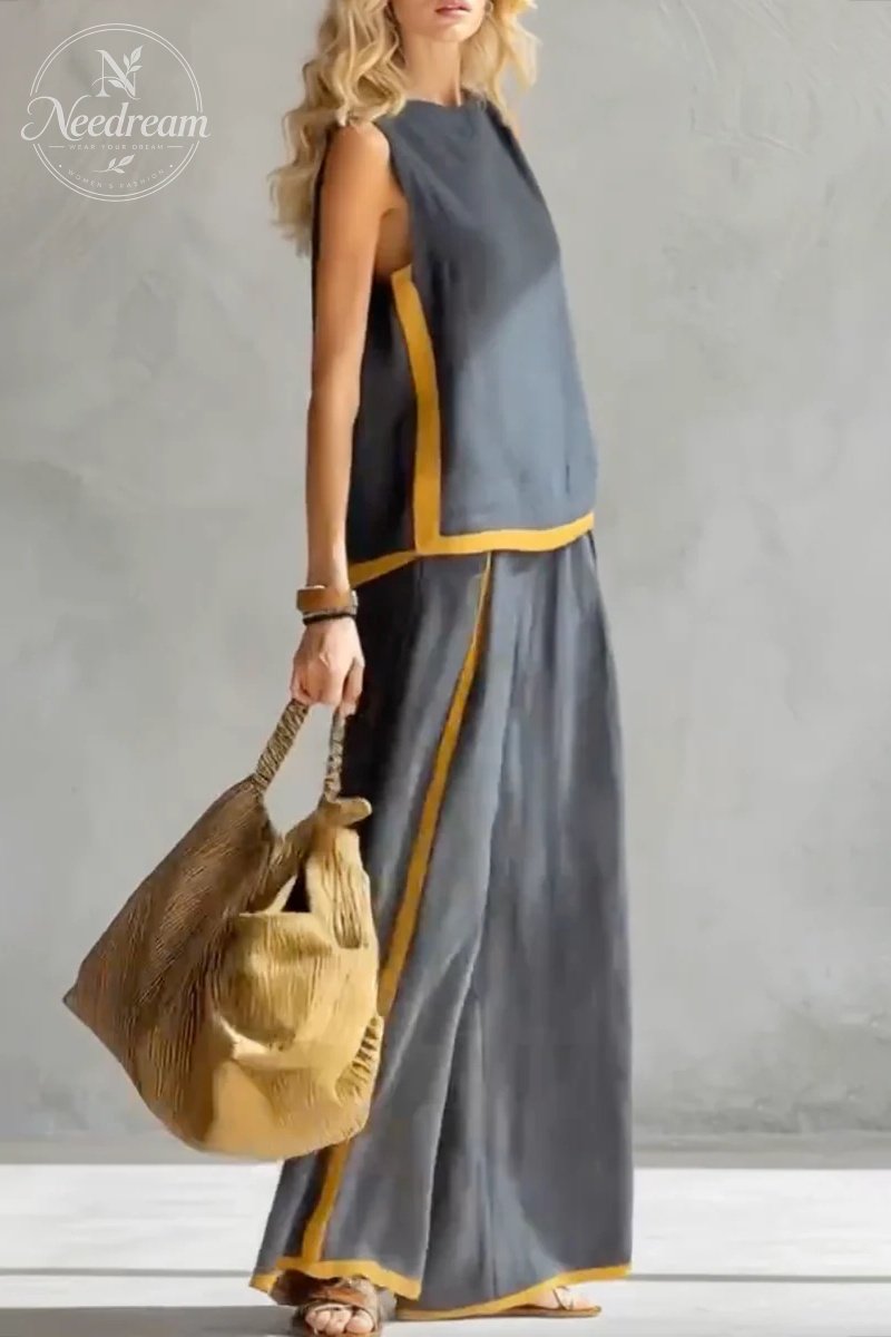 Women's Two Tone Trim Vest & Wide Leg Pants 2Pcs Set