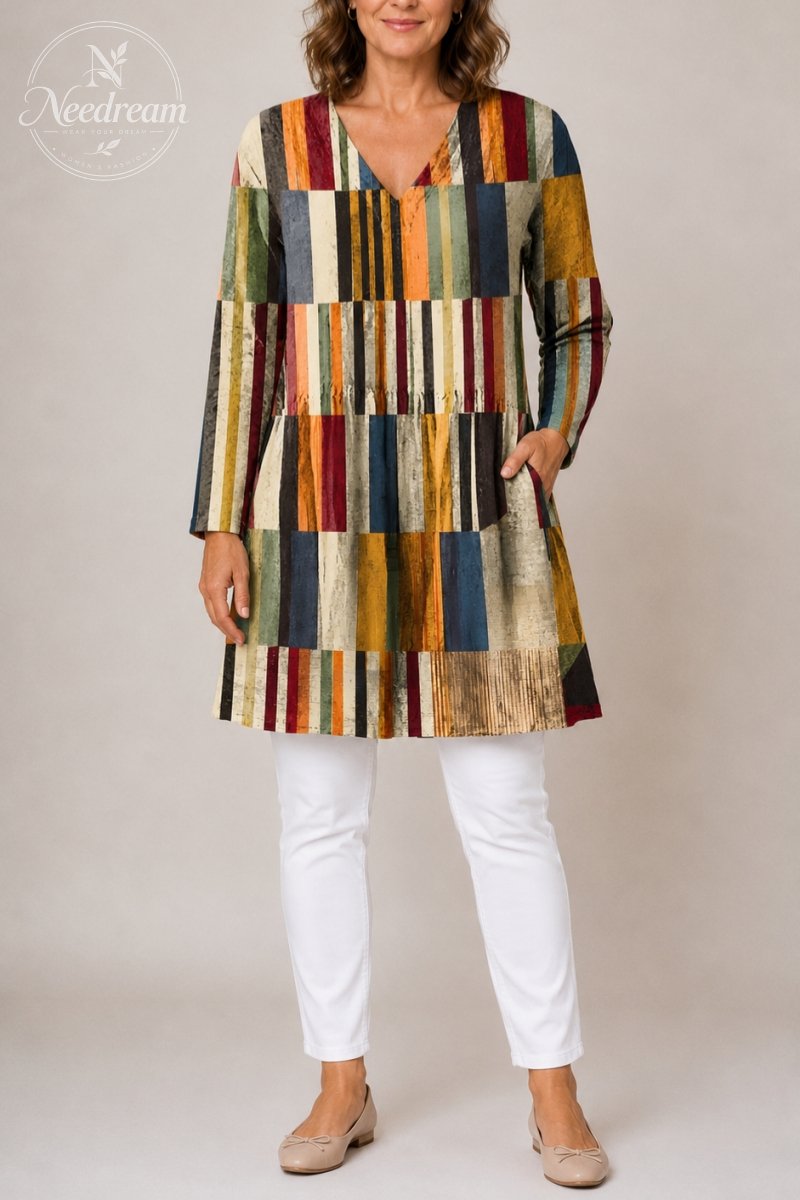 Women'S Geometric Print V-Neck Long-Sleeve Long Shirt