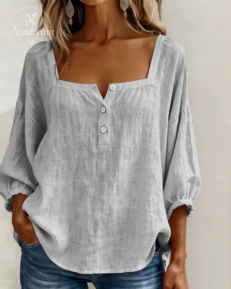 🌸Pink Square-Neck Half-Button Shirt