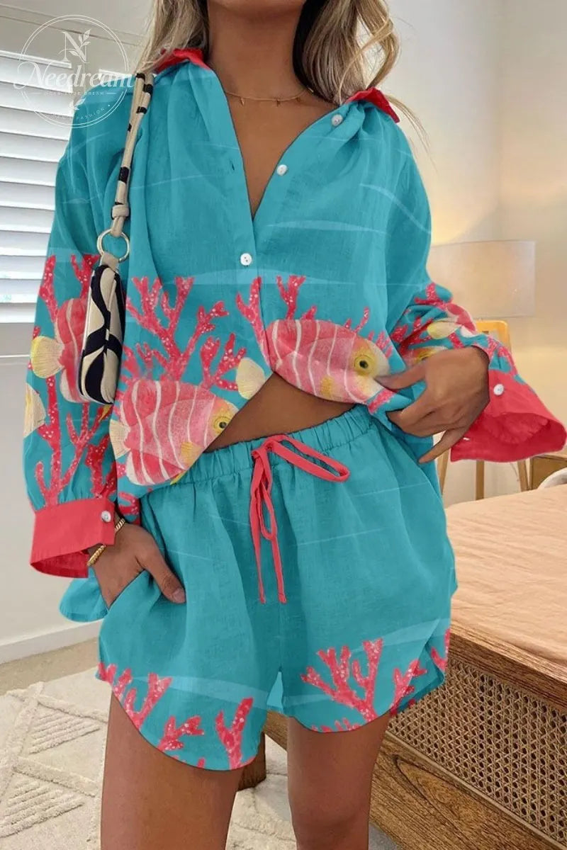 Underwater world printed casual two-piece set
