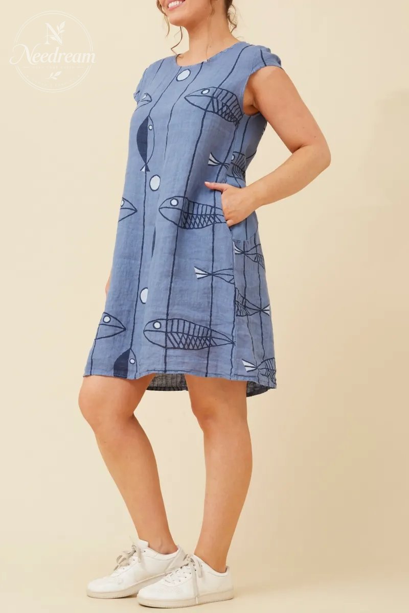 Sisley Fish Patten Linen Dress