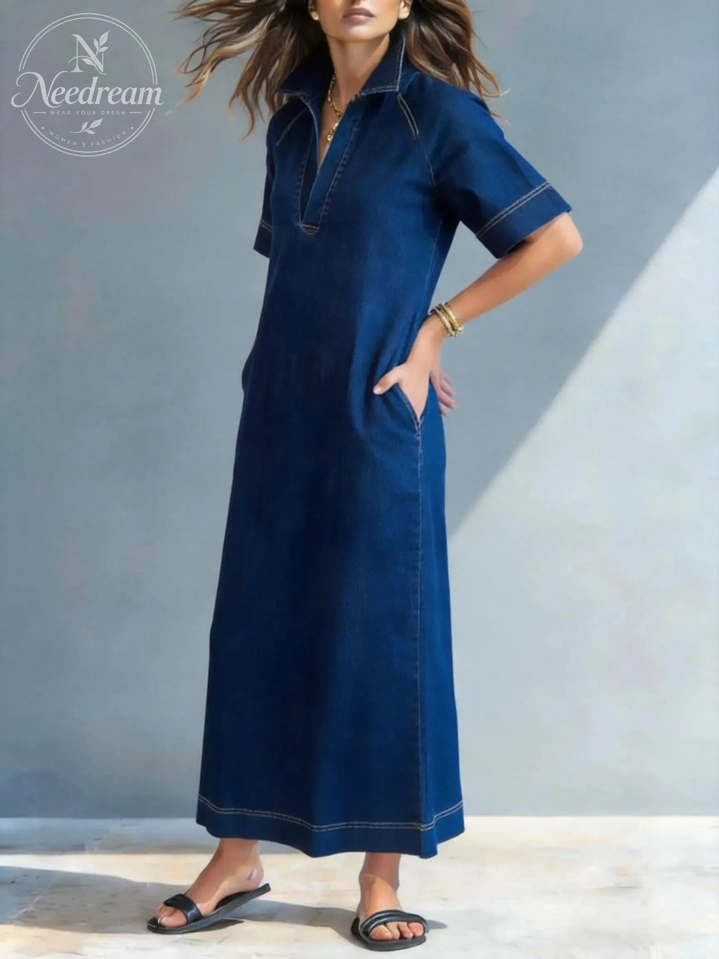 Casual Denim Pocket Midi Dress