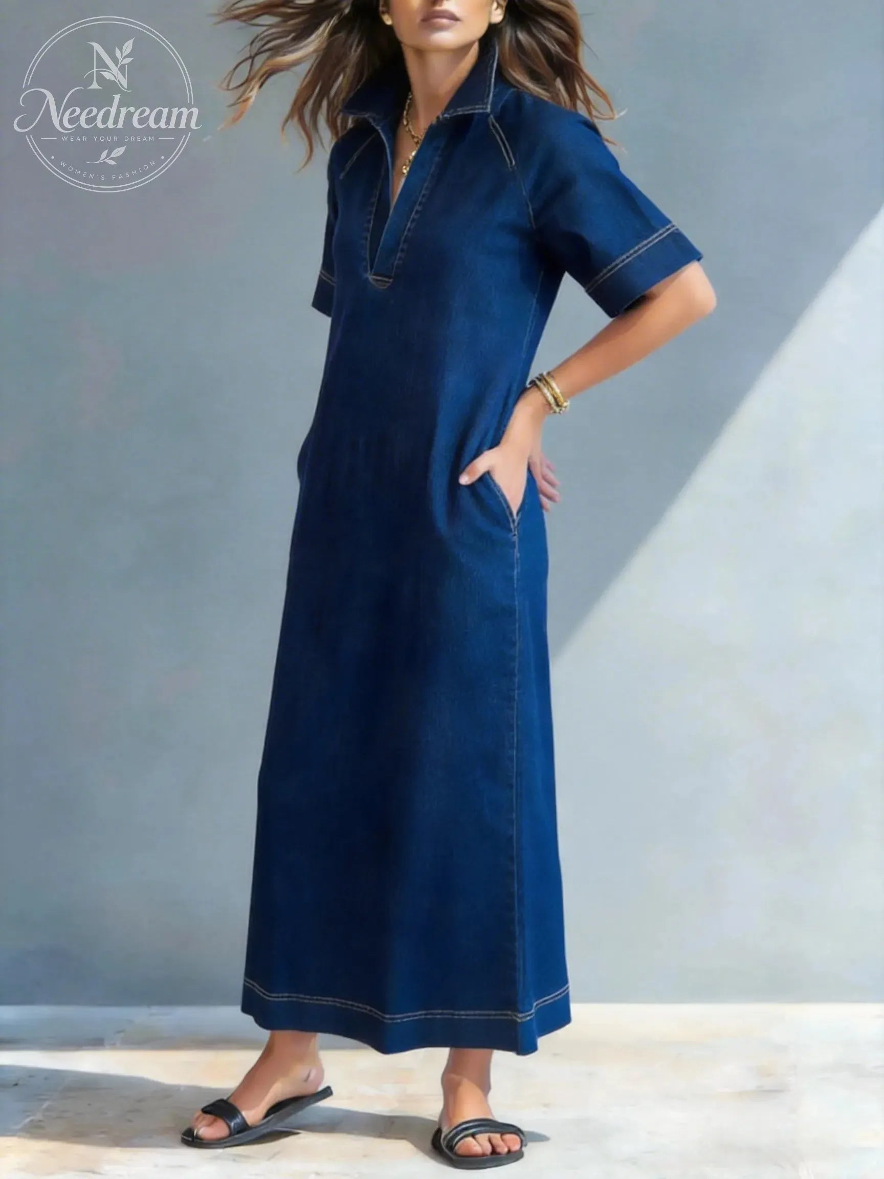 Casual Denim Pocket Midi Dress